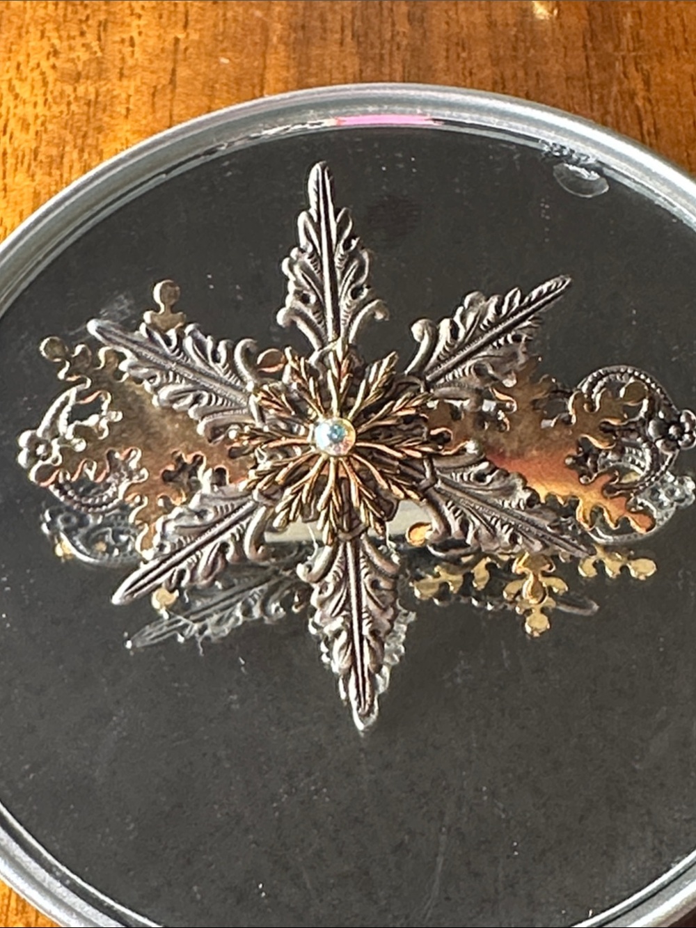 Vintage-Style Snowflake Brooch in Bronze and Silver with Crystal Center